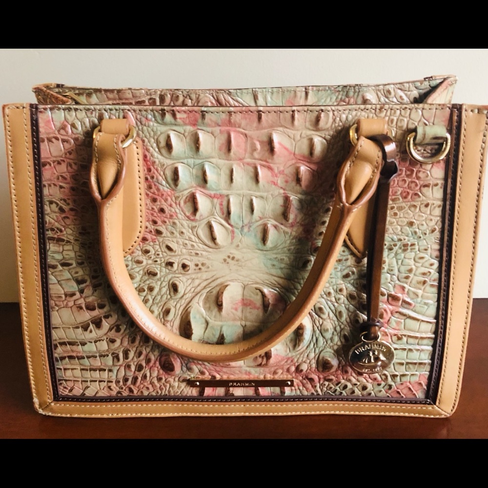 Brahmin Sahara Amal Leather Pink & Green Handbag.